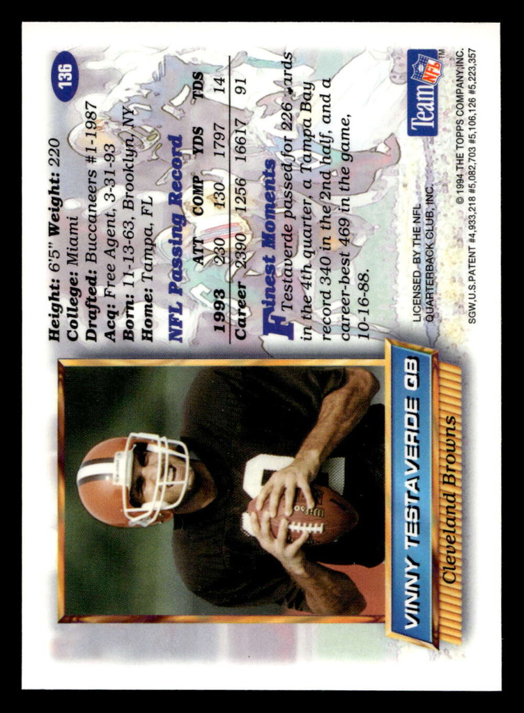 1994 Topps Finest Refractors #136 Vinny Testaverde Near Mint 