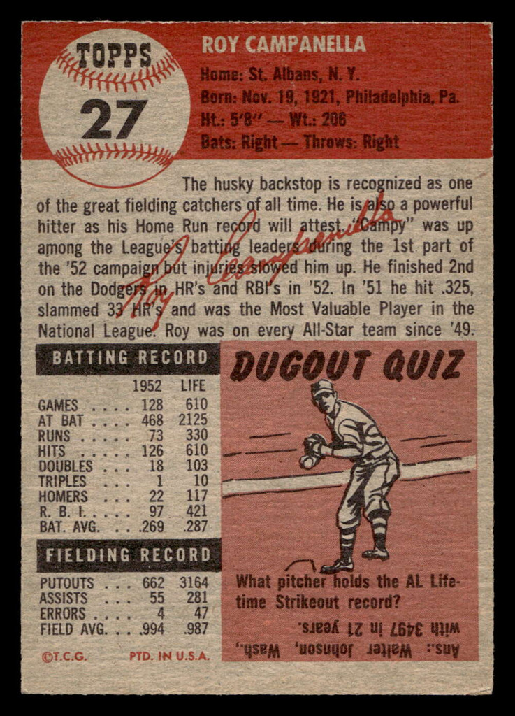 1953 Topps #27 Roy Campanella DP Excellent 
