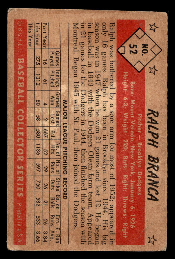 1953 Bowman Black and White #52 Ralph Branca Good 