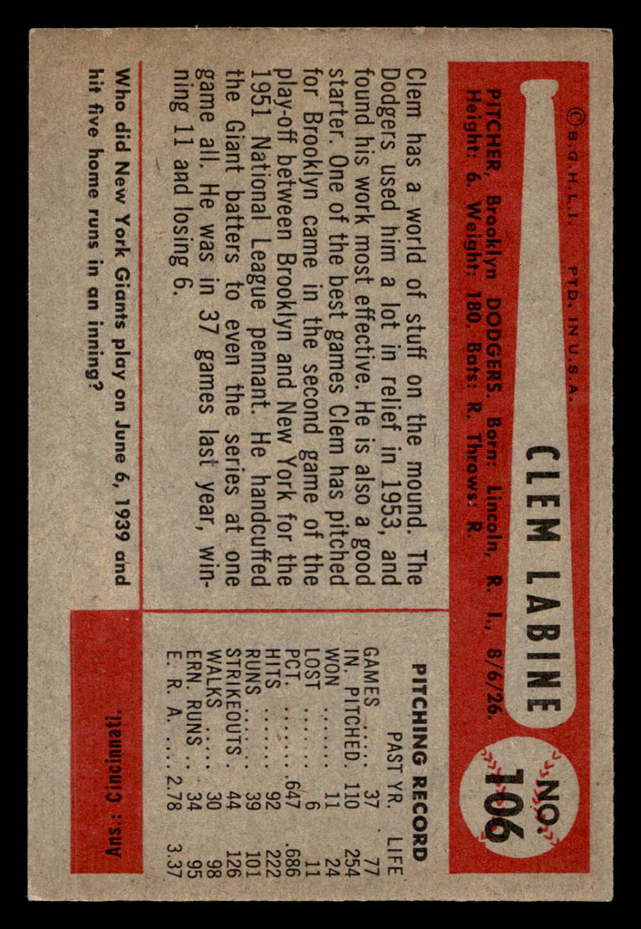 1954 Bowman #106 Clem Labine Excellent+  ID: 410424