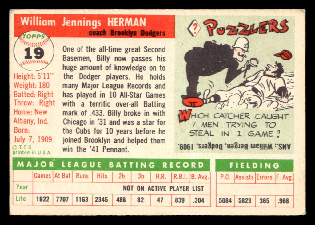 1955 Topps #19 Billy Herman CO Excellent  ID: 410435