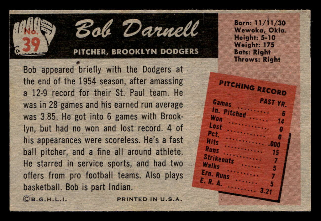 1955 Bowman #39 Bob Darnell VG-EX RC Rookie 