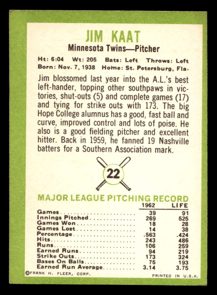 1963 Fleer #22 Jim Kaat Excellent 