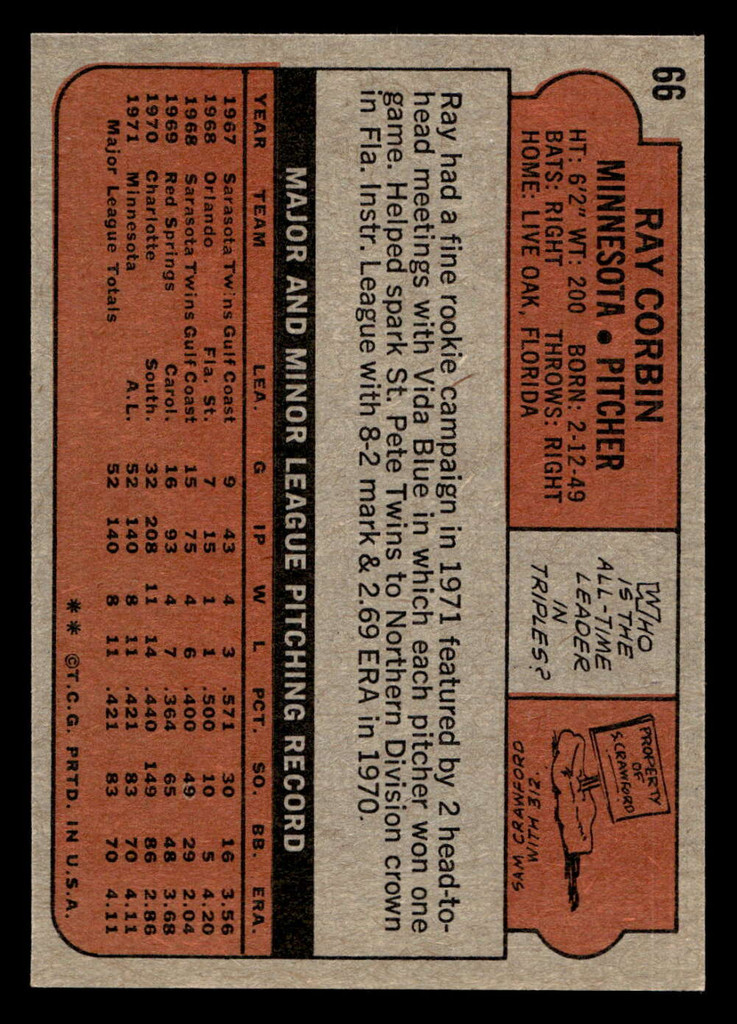 1972 Topps #66 Ray Corbin Ex-Mint RC Rookie  ID: 411334