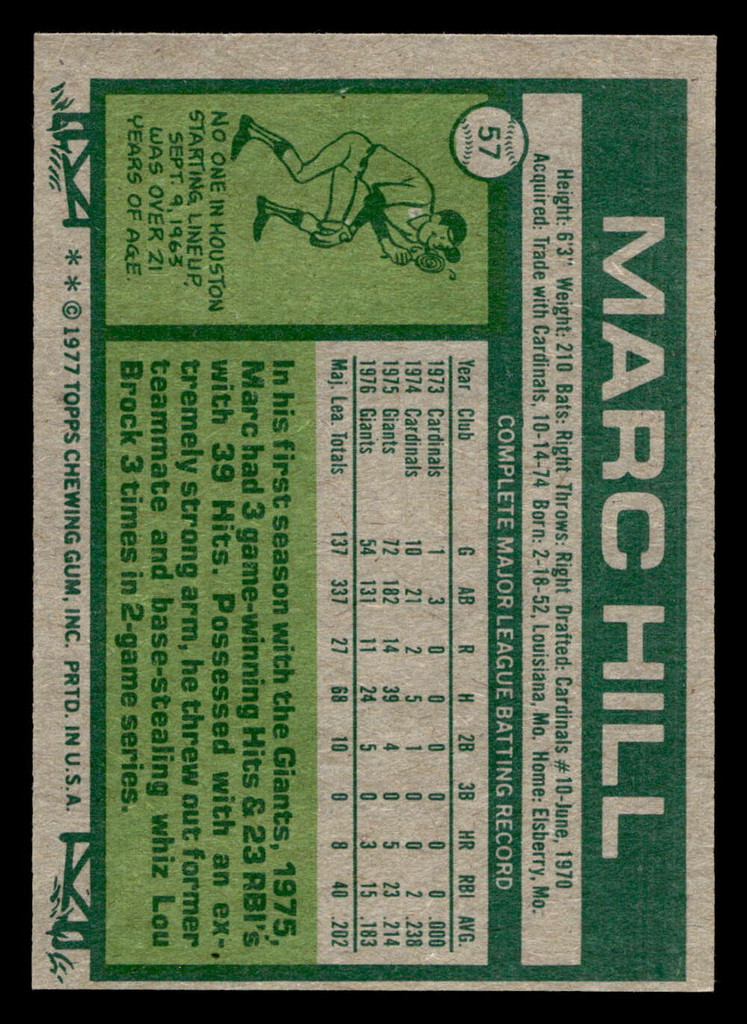 1977 Topps #57 Marc Hill Ex-Mint Miscut 