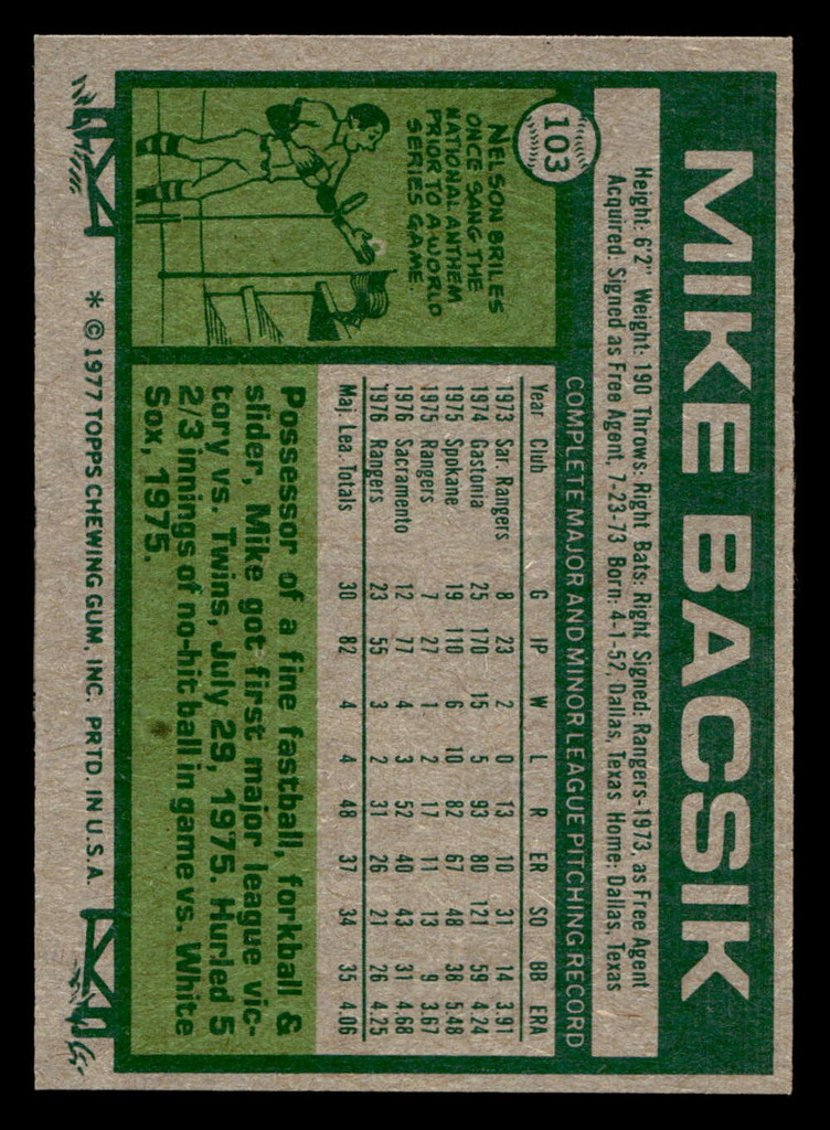 1977 Topps #103 Mike Bacsik Near Mint RC Rookie 