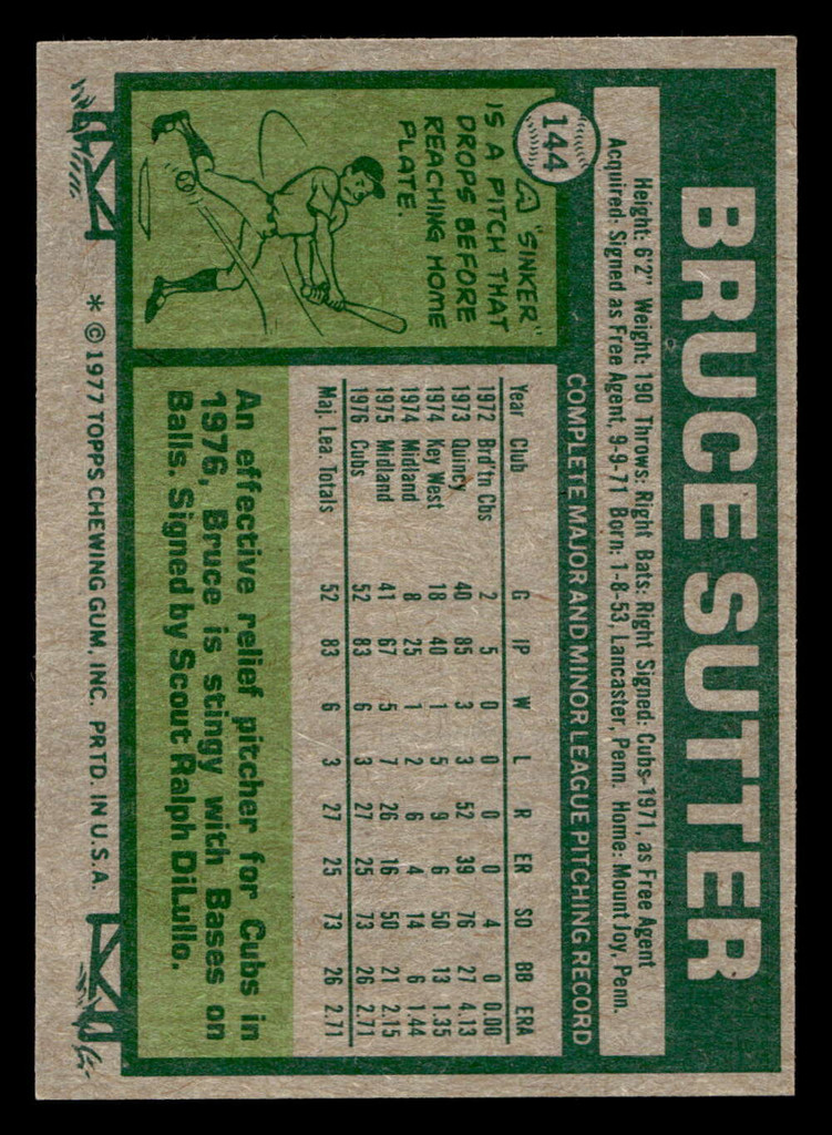 1977 Topps #144 Bruce Sutter Near Mint RC Rookie 