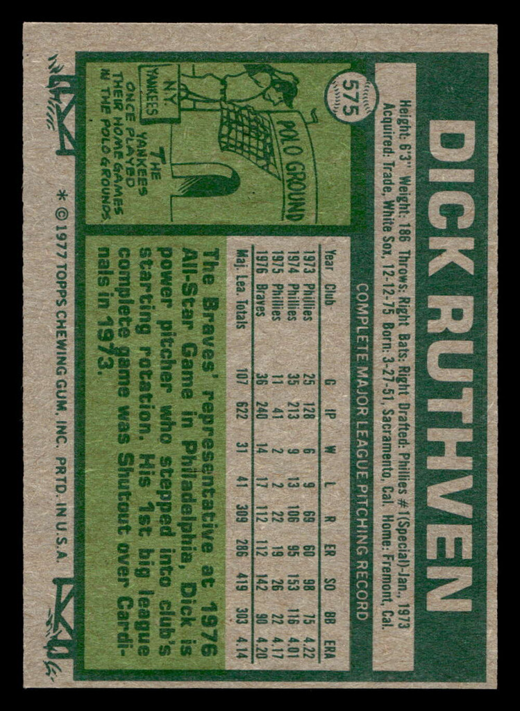 1977 Topps #575 Dick Ruthven Ex-Mint Miscut 