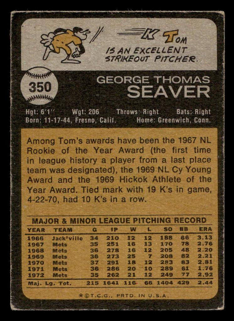 1973 Topps #350 Tom Seaver VG-EX  ID: 413135