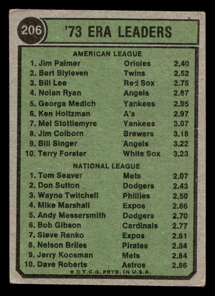 1974 Topps #206 Jim Palmer/Tom Seaver ERA Leaders VG-EX  ID: 413164