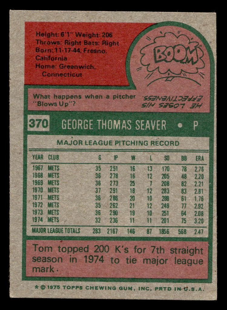 1975 Topps #370 Tom Seaver Ex-Mint  ID: 413209