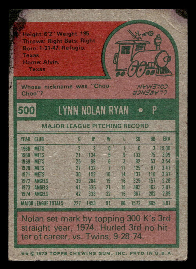 1975 Topps #500 Nolan Ryan Poor  ID: 413215