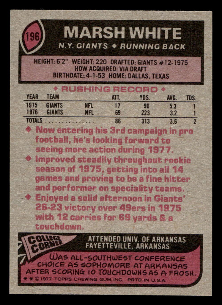 1977 Topps #196 Marsh White Near Mint+  ID: 413424