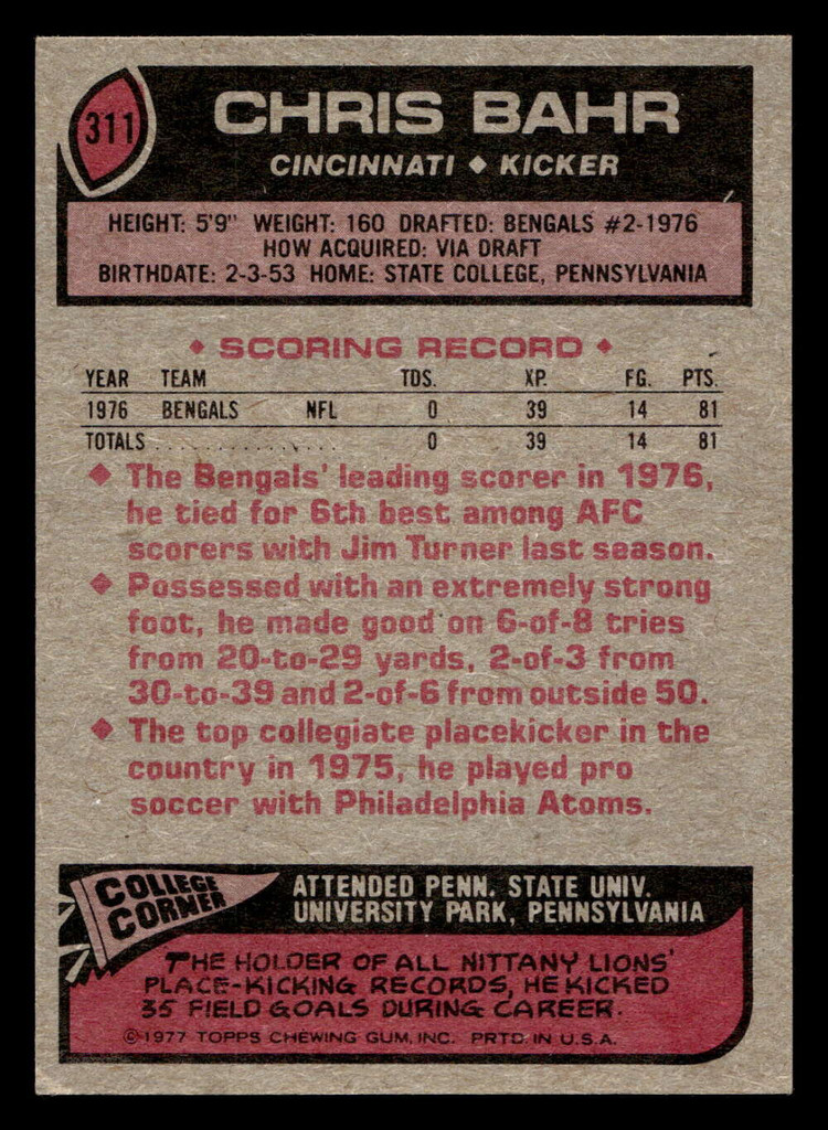 1977 Topps #311 Chris Bahr Near Mint RC Rookie 
