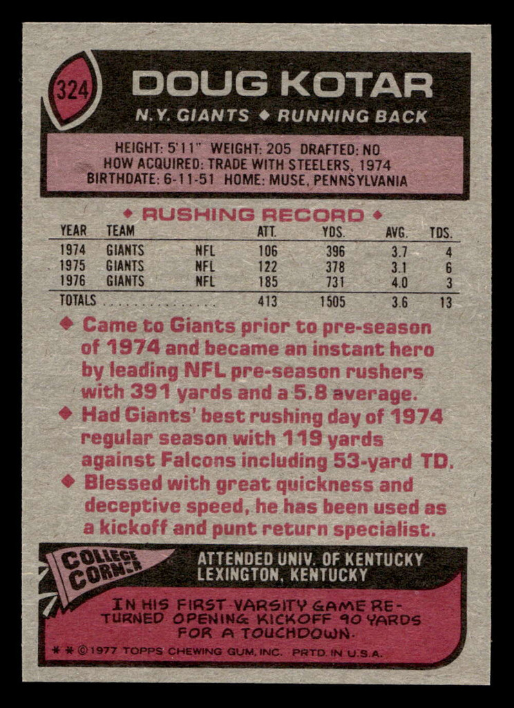1977 Topps #324 Doug Kotar Near Mint+  ID: 413552