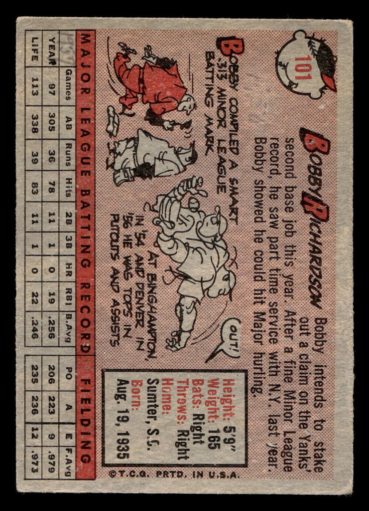 1958 Topps #101 Bobby Richardson Very Good Writing on Card 