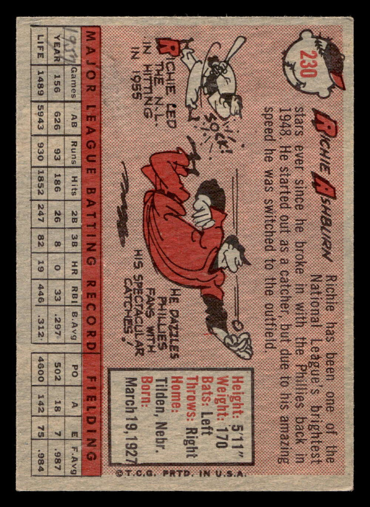 1958 Topps #230 Richie Ashburn Excellent+ Writing on Card 