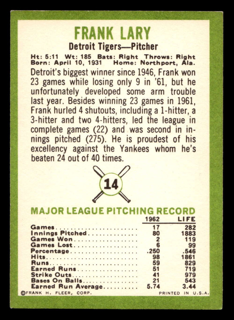 1963 Fleer #14 Frank Lary Excellent 