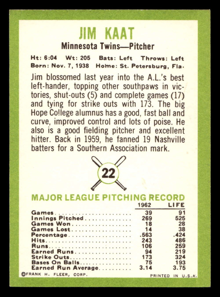 1963 Fleer #22 Jim Kaat Ex-Mint  ID: 413846