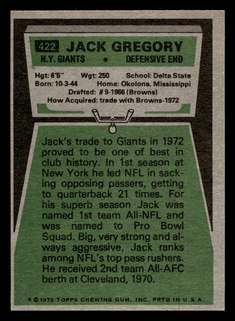 1975 Topps #422 Jack Gregory Near Mint 