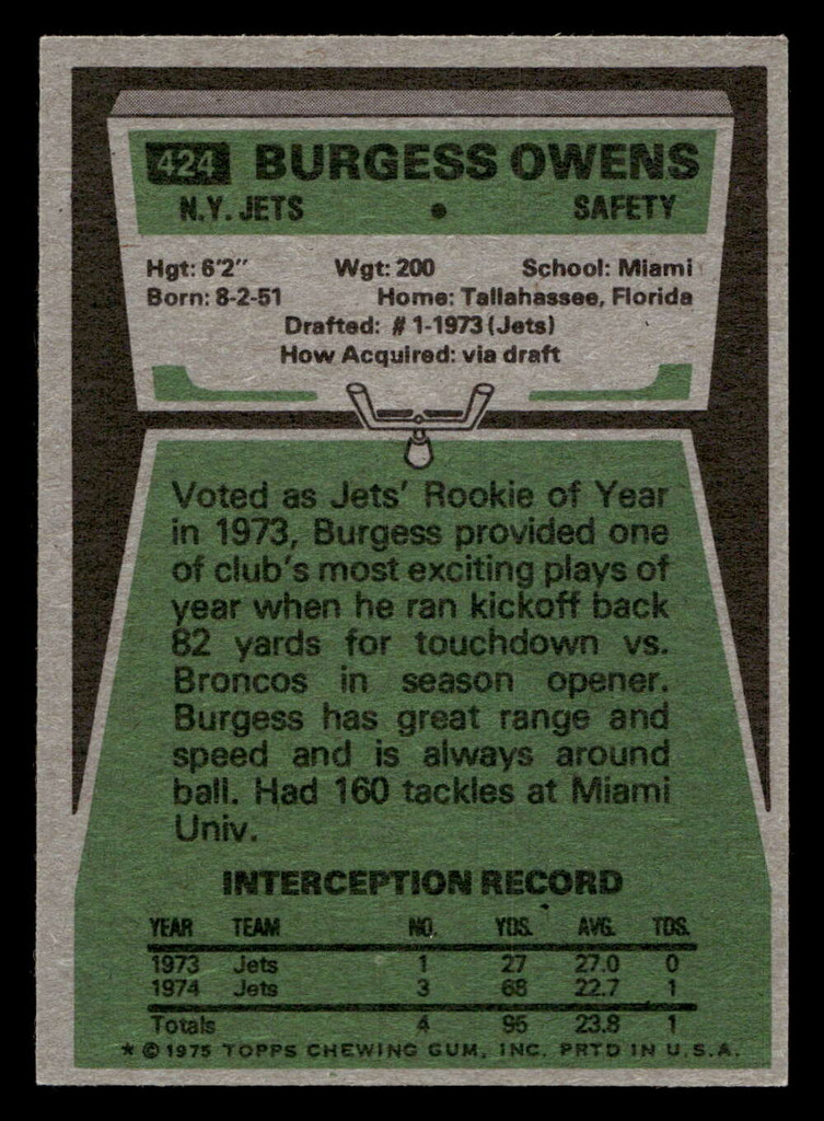 1975 Topps #424 Burgess Owens Near Mint 