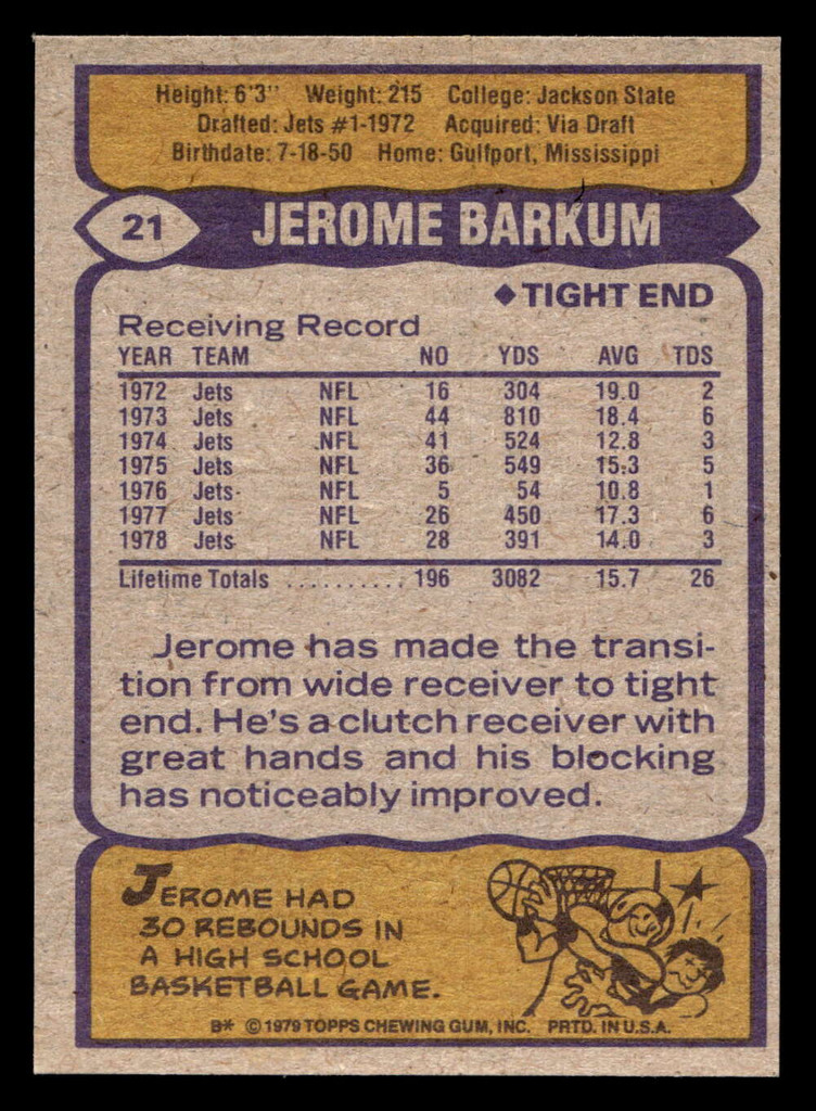 1979 Topps #21 Jerome Barkum Near Mint 