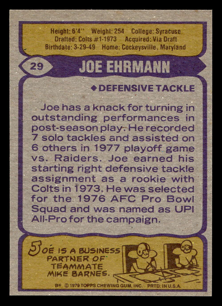 1979 Topps #29 Joe Ehrmann Near Mint+ 