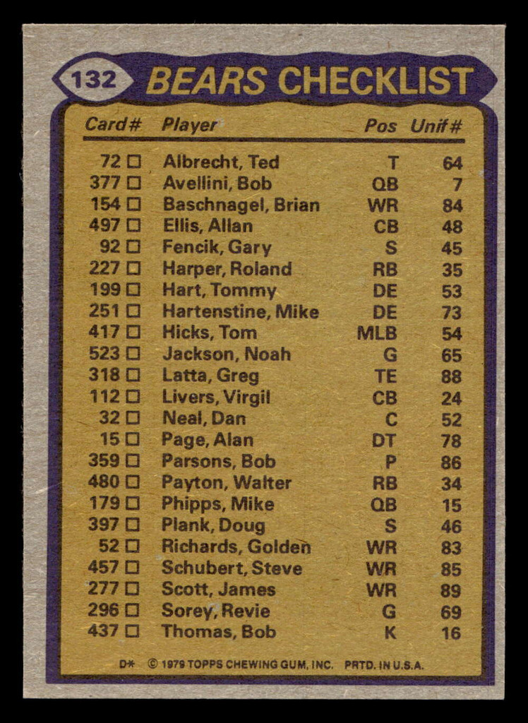 1979 Topps #132 Walter Payton/James Scott/Gary Fencik/Alan Page TL Near Mint+ 