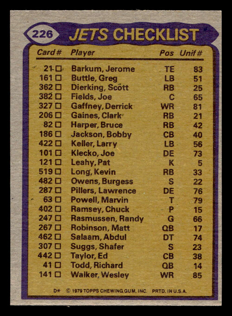 1979 Topps #226 Kevin Long/Wesley Walker/Bobby Jackson/Burgess Owens/Joe Klecko TL Near Mint+ 