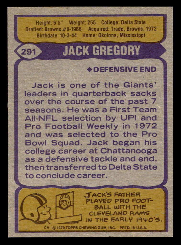 1979 Topps #291 Jack Gregory Near Mint 