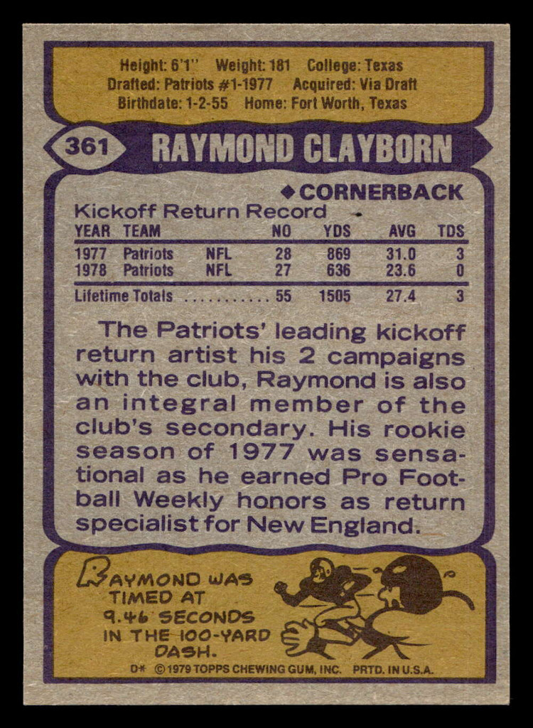 1979 Topps #361 Raymond Clayborn Near Mint 