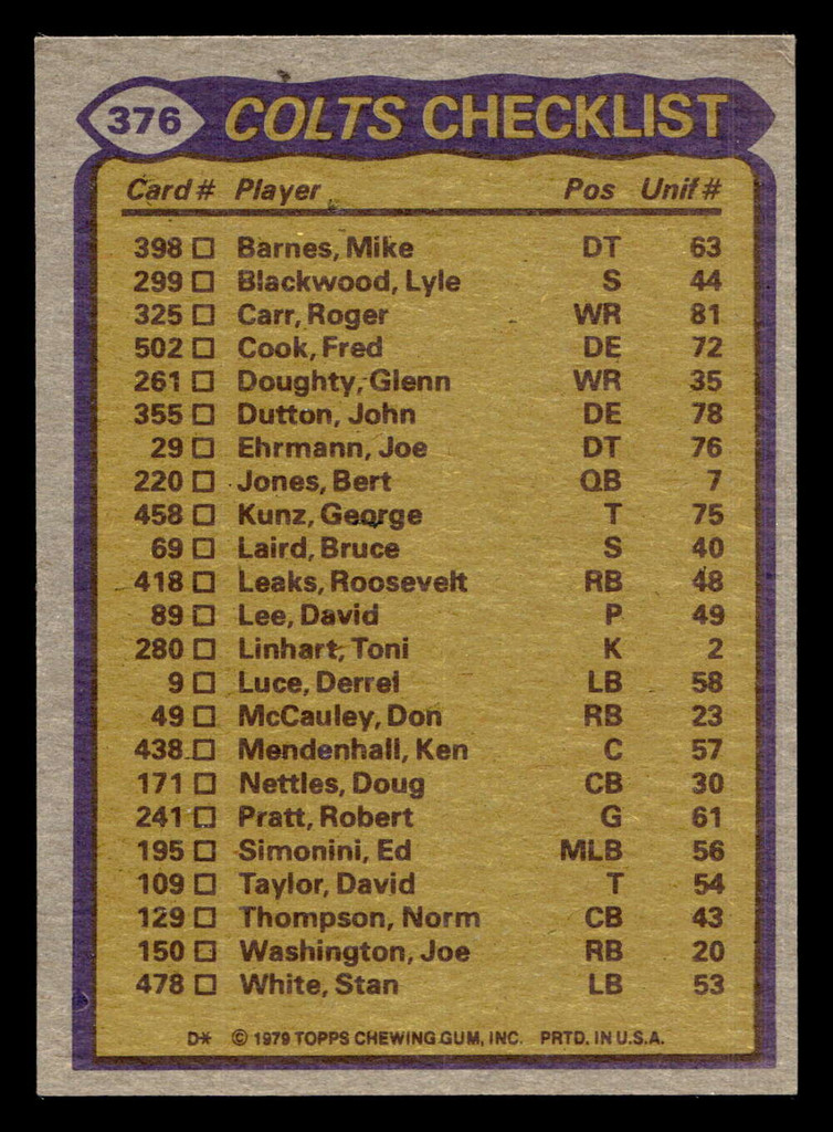 1979 Topps #376 Joe Washington/Roger Carr/Norm Thompson/John Dutton TL Ex-Mint 