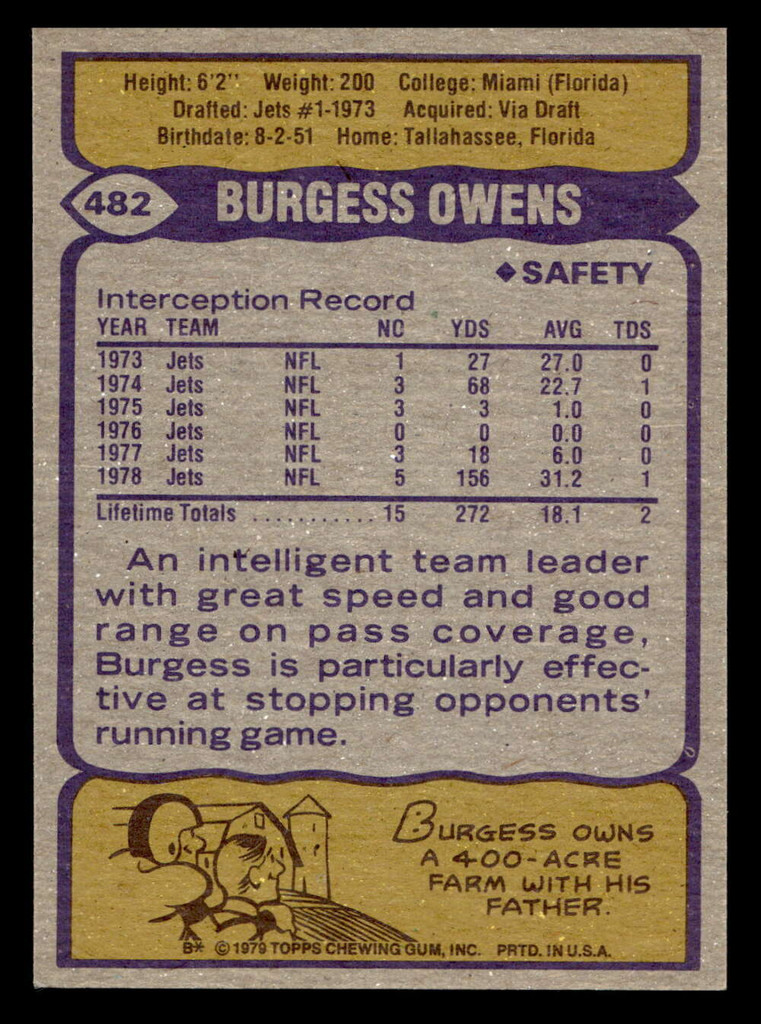 1979 Topps #482 Burgess Owens Near Mint 