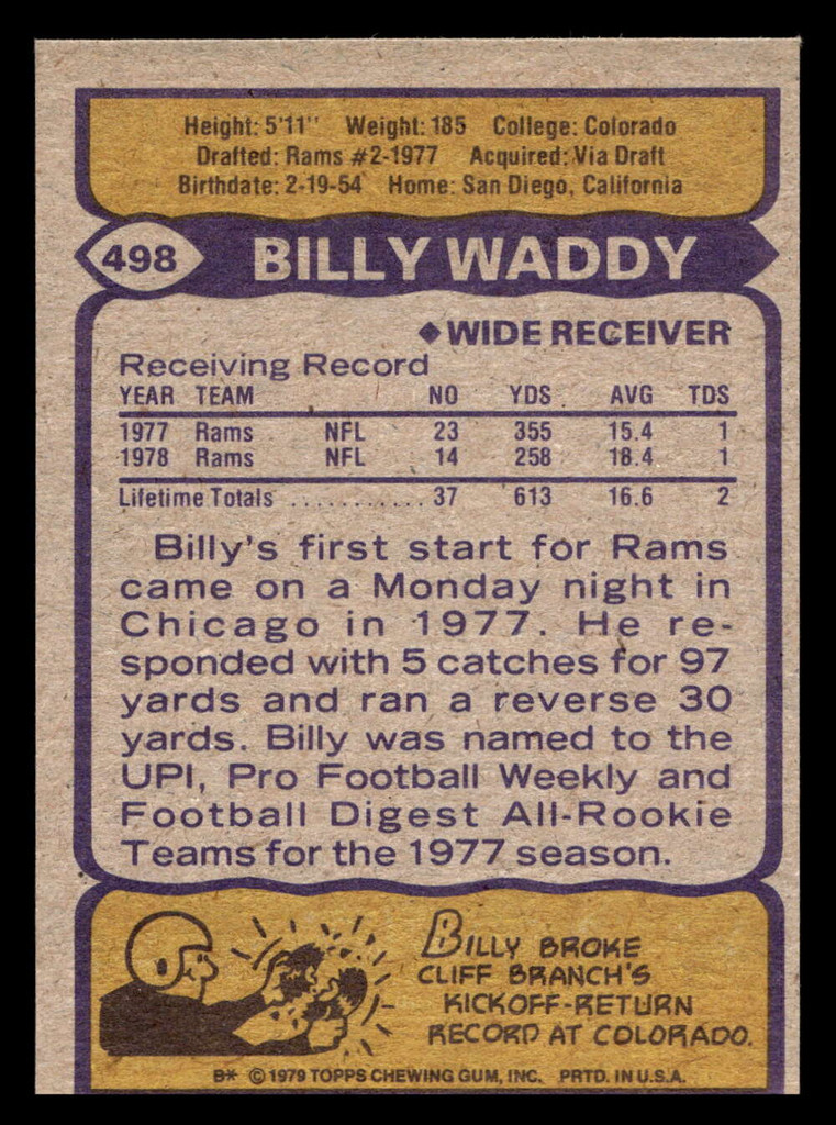 1979 Topps #498 Billy Waddy Near Mint RC Rookie 