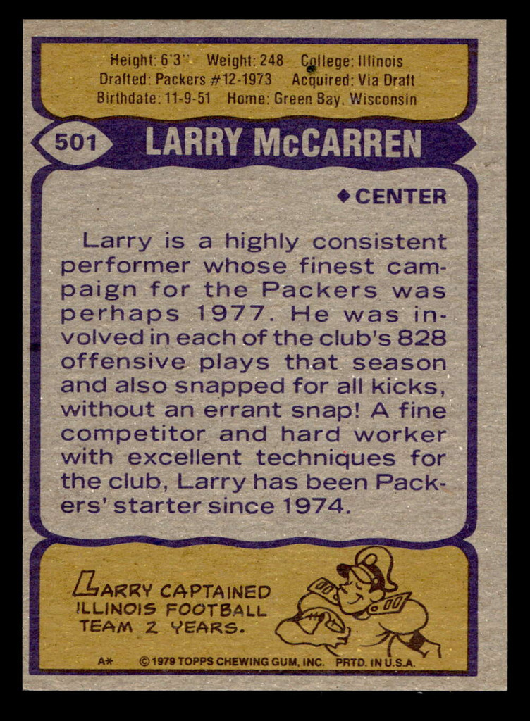 1979 Topps #501 Larry McCarren Near Mint 