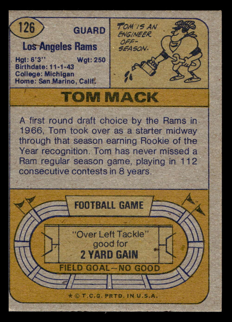 1974 Topps #126 Tom Mack AP Near Mint Parker Brothers 