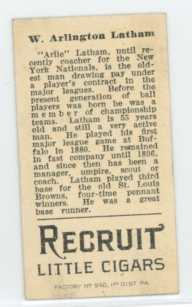 1912 T207 Brown Background Arlie Latham Recruit NY Giants