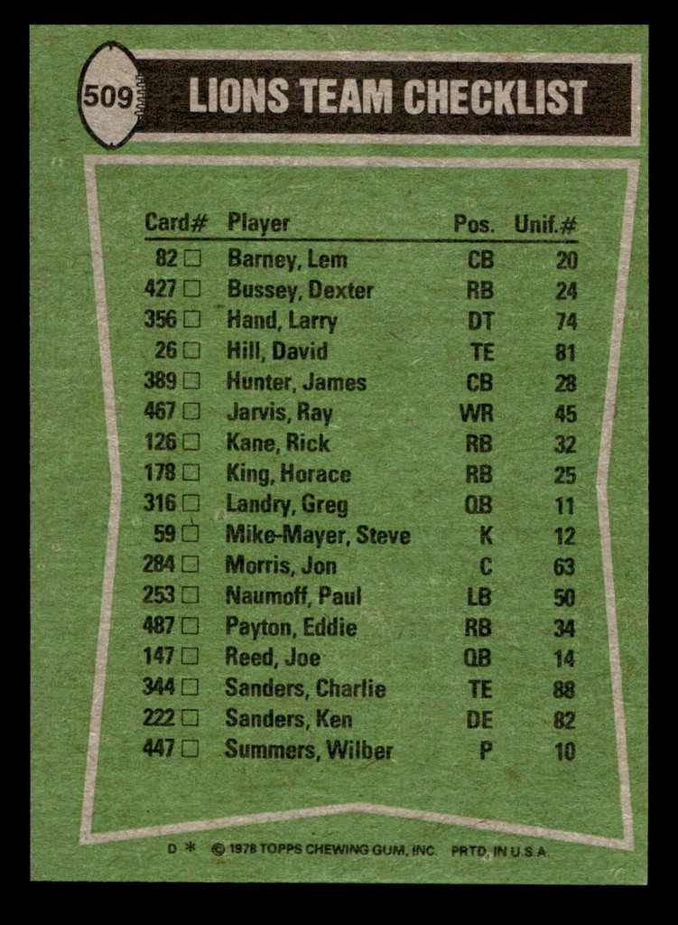 1978 Topps #509 Horace King/David Hill/James Hunter/Ken Sanders TL Near Mint 