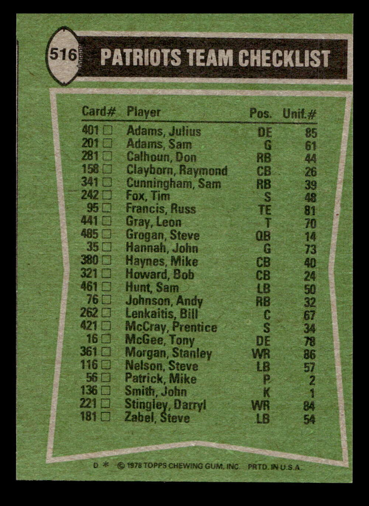 1978 Topps #516 Sam Cunningham/Darryl Stingley/Mike Haynes/Tony McGee TL Near Mint 