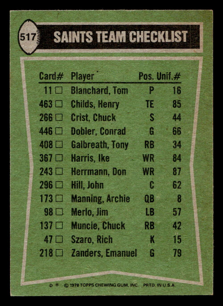 1978 Topps #517 Chuck Muncie/Don Herrmann/Chuck Crist/Elois Grooms TL Ex-Mint 