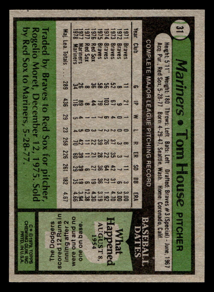 1979 Topps #31 Tom House DP Near Mint 