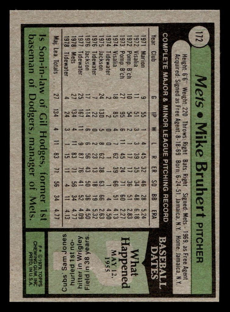 1979 Topps #172 Mike Bruhert Near Mint RC Rookie 