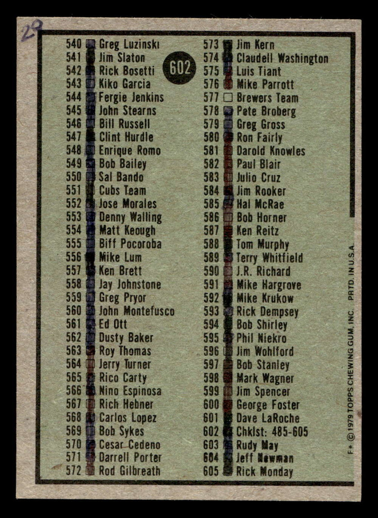 1979 Topps #602 Checklist 485-605 Very Good Marked 