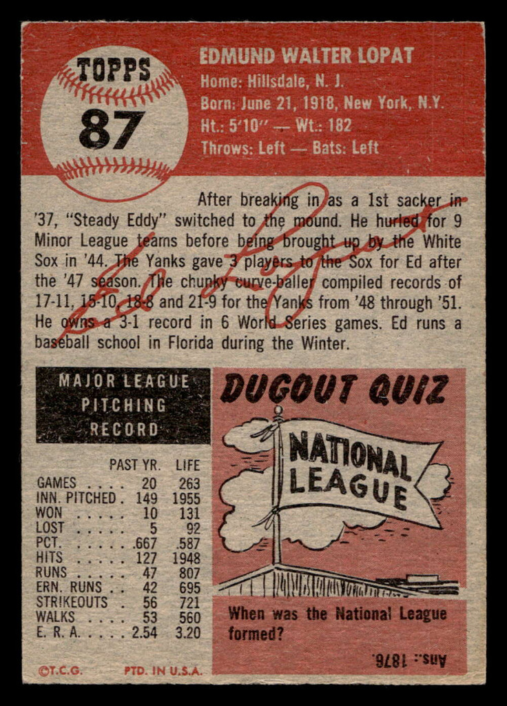 1953 Topps #87 Ed Lopat Excellent+  ID: 417314