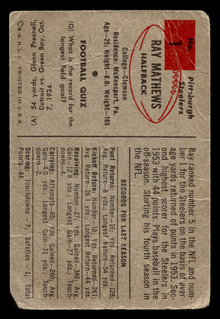 1954 Bowman #1 Ray Mathews Poor  ID: 417727