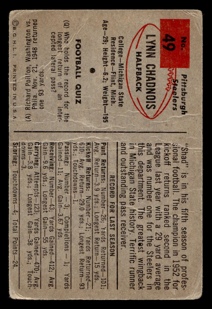 1954 Bowman #49 Lynn Chandnois ERR Poor  ID: 417760
