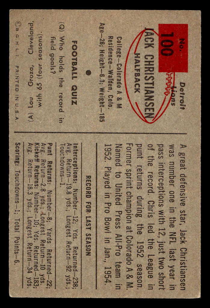 1954 Bowman #100 Jack Christiansen Very Good  ID: 417793