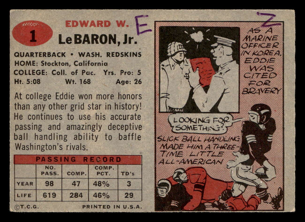1957 Topps #1 Eddie LeBaron Excellent+ Writing on Back 
