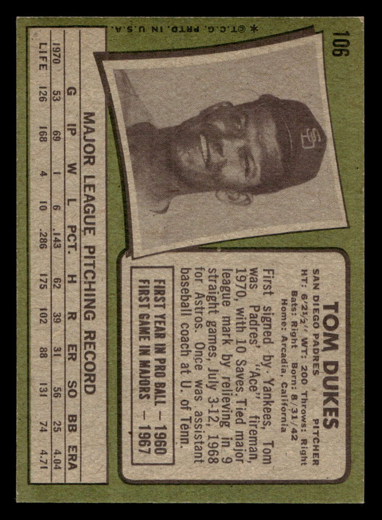 1971 Topps #106 Tom Dukes Ex-Mint  ID: 418001