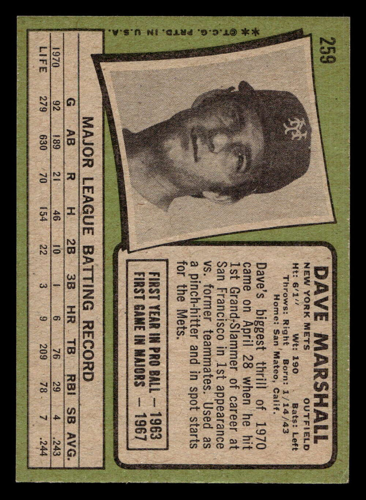 1971 Topps #259 Dave Marshall VG-EX 